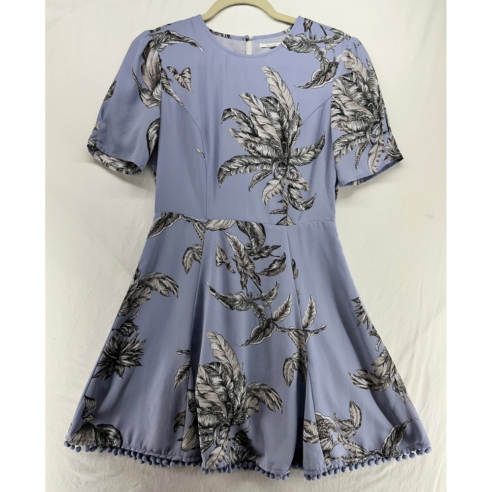 Tularosa Blue Tropical Palm Print Pom Pom Mini Dress Short Sleeve Womens Small